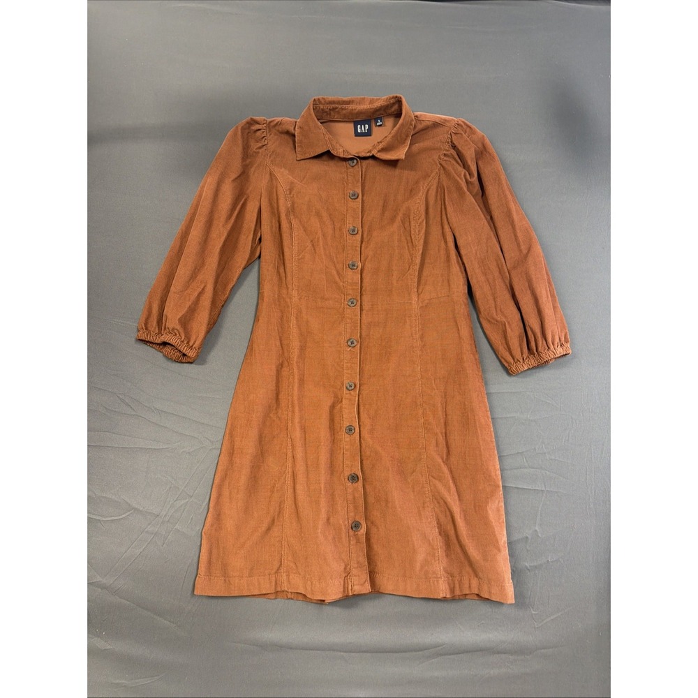 GAP 100% Cotton Rust Brown Button-Front Mini Dress with Puff Sleeves S